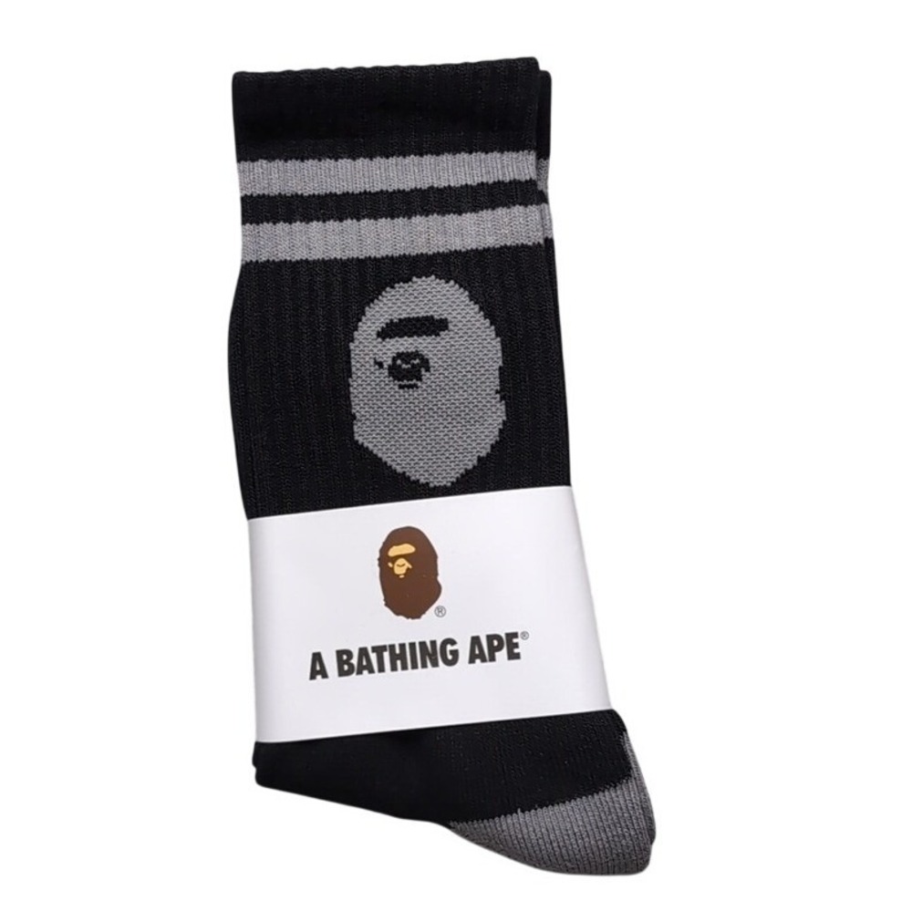 Bape Crew Socks Ape Head Logo Striped Mens Womens Unisex Size 9-11 Black Gray